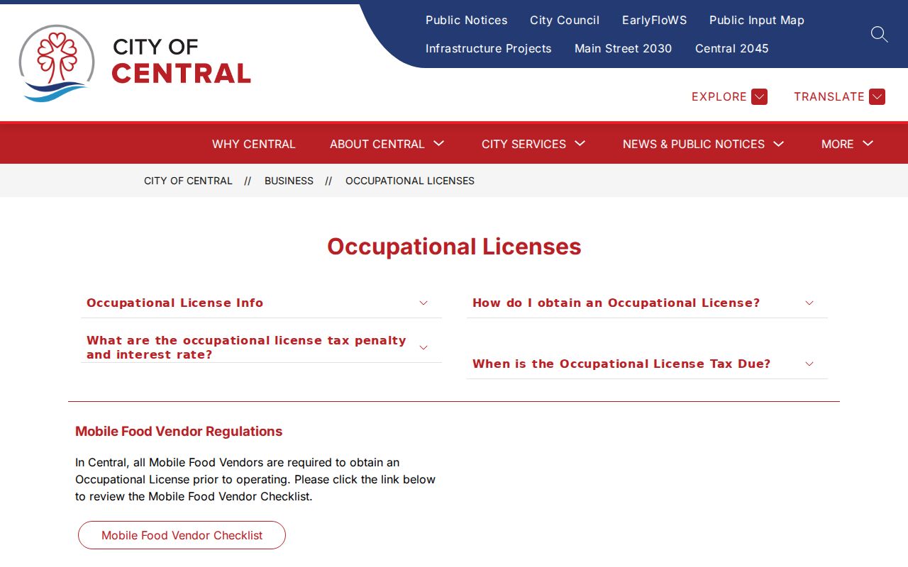 Central city directory occupational license information