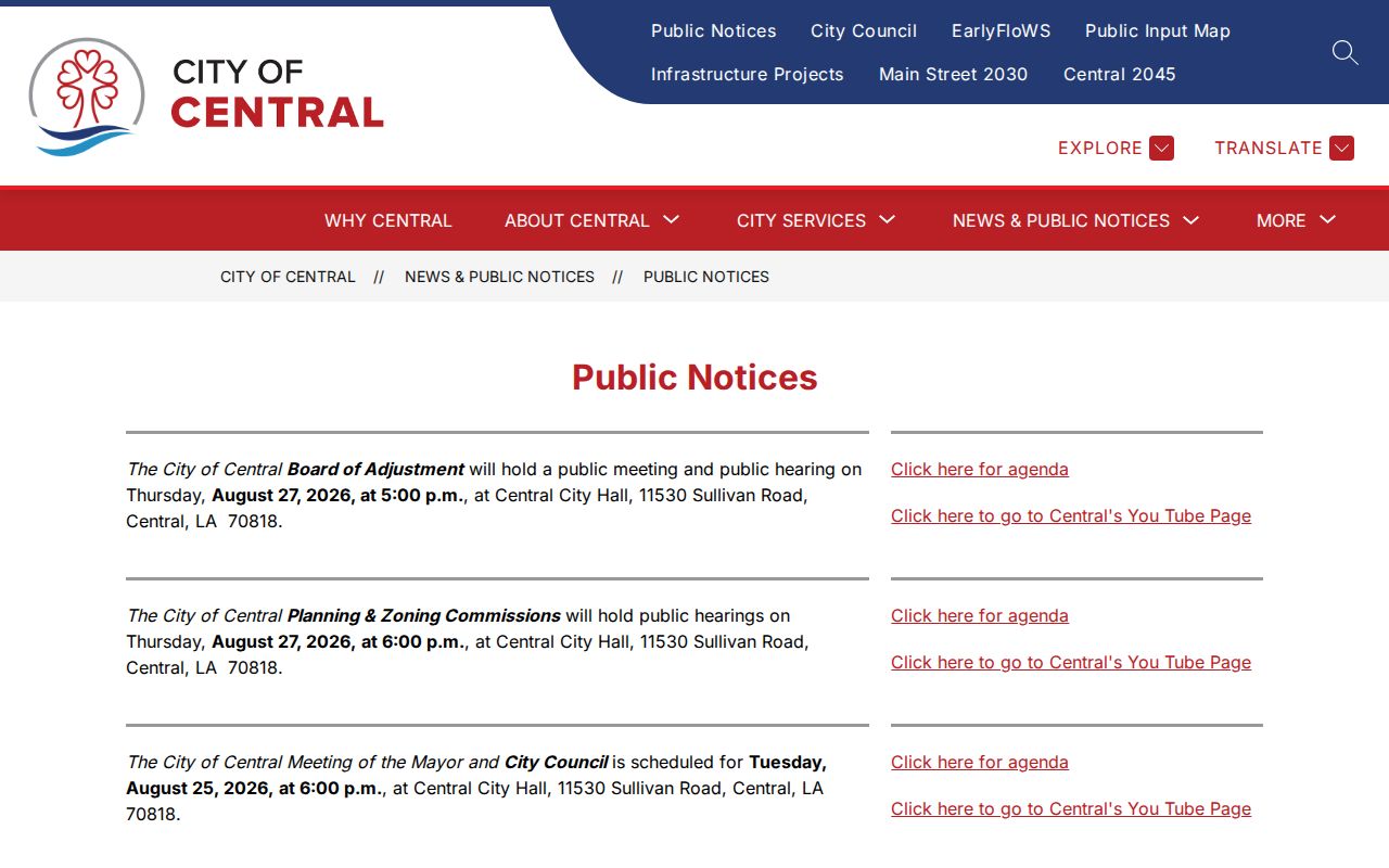 Central city directory public notices and hearings
