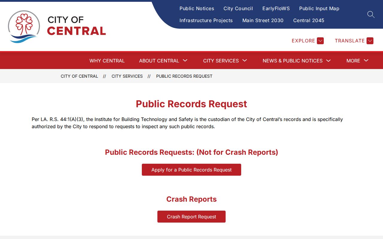 Central city directory public records request page