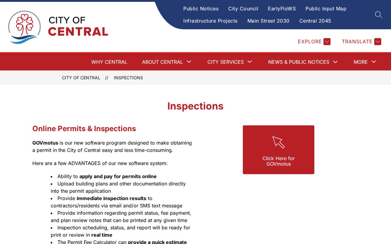 Central city directory permits and inspections route