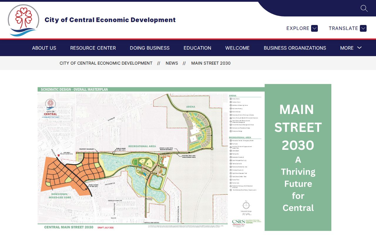 Central Main Street 2030 planning context for nearby parcels and roads