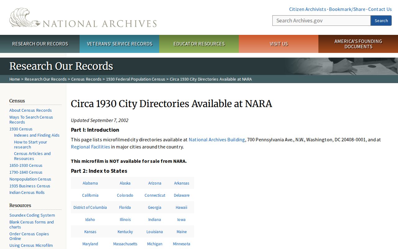 Central previous residents National Archives directory holdings