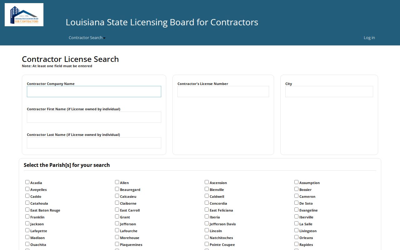 Louisiana contractor license search fields for Central and East Baton Rouge Parish